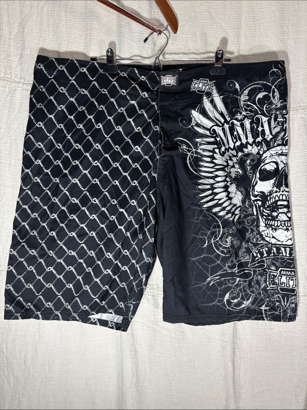 Vintage Y2K MMA Elite Skull&Chain Link Fight Shorts Cyber Grunge Black Big&Tall
